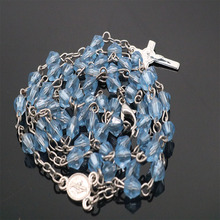 6 мм синие хрустальные четки ожерелье, католические четки ожерелье. Ожерелье Mary Center с изображением Иисуса Креста. 2024 - купить недорого