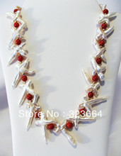 Genuine Freshwater White Cross Pearl and Red Coral Bead Necklace ~ 18" 2024 - buy cheap
