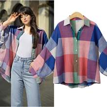 Blusa solta estampada feminina, camisa xadrez grande de algodão com manga morcego para primavera e outono, 2020 2024 - compre barato