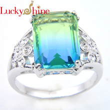 LuckyShien  New Novel Fashion Wedding Jewelry Gift Lady Rectangle Gradient Green Tourmaline 925 Silver Ring Size 7.8.9 2024 - buy cheap