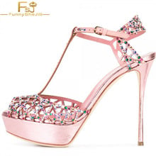 Pink Colorful Satin Microfiber T Strap High Heels Peep Toe Buckle Ankle Strap Platform Stiletto Heel Sandals Shoes Woman 16 FSJ 2024 - buy cheap
