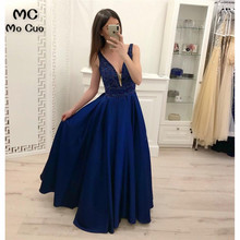 2019 vestidos largos de noche azul marino con cuentas de cristal satinado vestido Formal de fiesta de noche para mujeres hecho a medida 2024 - compra barato