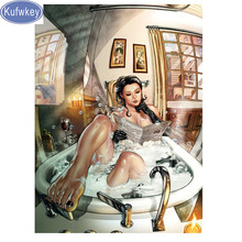 Kufwkey-mosaico de pintura em ponto cruz com imagem de strass., arte para o banheiro, pintura redonda e quadrada completa com diamante. 2024 - compre barato