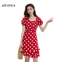 Mulheres Da Praia do Verão Vestido De Linho Manga Sopro Ocasional Polka Dot Vermelho Vestidos 2019 Senhoras Elegantes V Neck Ruffles Hem Vestido de Verão vestidos 2024 - compre barato