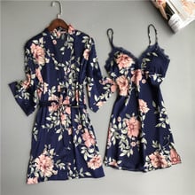 Conjunto de camisola feminina, duas peças, pijama de seda, vestido floral, lingerie feminina, camisola sexy, kimono, roupa de dormir 2024 - compre barato