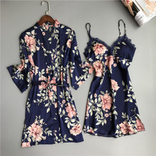 Conjunto de pijama de dos piezas para mujer, vestido de seda y bata, albornoz Floral, lencería, camisón Sexy, Kimono, ropa de dormir para casa 2024 - compra barato