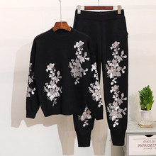 Suéter com bordado de flores, conjunto feminino de agasalho de malha com duas peças preto, para primavera e outono 2024 - compre barato