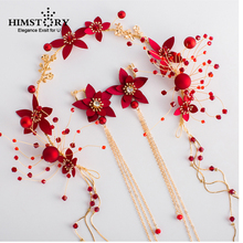 HIMSTORY Charming New Bridal Red Flower Hairband Wedding Pearl Tiaras and Earrings Vintage Chinese Wedding Hair Accessories 2024 - buy cheap