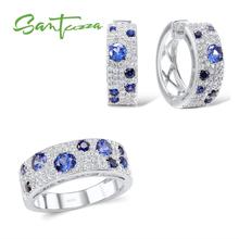 SANTUZZA Genuine 100% 925 Sterling Silver Jewelry Set for Women Sparkling Blue Nano CZ Earrings Ring Set Gorgeous Jewelry 2024 - buy cheap