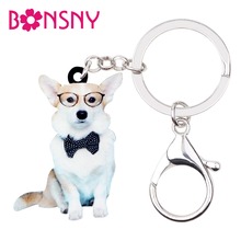 Bonsny-llaveros de chica y mujer, Corgi galés de gafas de estar, llaveros de perro, joyería de animales, dijes para bolso 2024 - compra barato