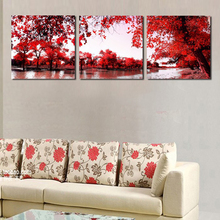 Decoración moderna para el hogar, lienzo para sala de estar, 3 paneles, árbol rojo, río, marco de paisaje, arte de pared, póster, pintura impresa en HD, imágenes modulares 2024 - compra barato