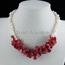 Joyería de perlas de mujer de moda collar de Coral rojo perla de agua dulce auténtica blanca 18 pulgadas collar hecho a mano de 2 filas 2024 - compra barato