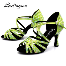 Ladingwu Light Green Satin Latin Dance Shoes Women Profession Salsa Dance Shoes Women Ballroom Dance Sandals Rhinestone Shoes 2022 - buy cheap
