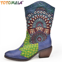 TOTOMELA 2022 New fashion genuine leather boots women Hand-made embroidery square heel mid calf boots zip ladies western boots 2024 - buy cheap