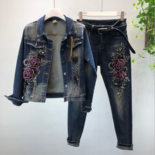Conjunto feminino de casacos jeans bordados com manga longa, calças de lápis e jaqueta slim, azul escuro, estilo retrô, primavera e outono, 2019 2024 - compre barato