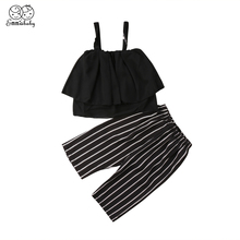 2018 new summer fashion Kids Baby Girls Chiffon off shoulder black Tops+Striped Pants Trousers 2pcs sweet Outfits Set Clothes 2024 - buy cheap