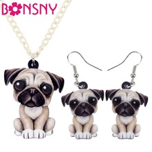 Bonsny Acrylic Sweet French Bulldog Pug Dog Earrings Necklace Collar Cartoon Animal Jewelry Sets For Women Girls Teens Gift Pets 2024 - buy cheap