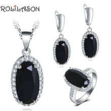 ROLILASON Anniversary Gift Black Cubic Zirconia Oval shape Set For girl 925 Silver Earrings Necklace Rings Jewelry Sets JS760 2024 - buy cheap