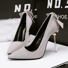 2018 New Arrival Korean Concise Pointed Toe Office Bow Shoes Women's Fashion Solid Flock Shallow 10CMHigh Heels Shoes for Women 2024 - buy cheap