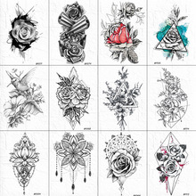 Черный искусственный цветок Роза стикер татуировки для женщин тело рука искусство хна геометрические татуировки Временные птицы сексуальные геометрические татуировки водонепроницаемые 2024 - купить недорого