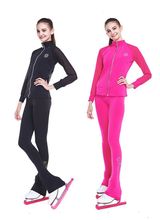 Индивидуальные костюмы для фигурного катания, куртка и штаны, длинные брюки для девочек, женские тренировочные костюмы для катания на коньках, теплые черные, розовые сетчатые рукава 2024 - купить недорого