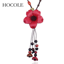 HOCOLE Bohemian Long Pendant Flower Necklace Women Wood Beads Flower statement Necklace Jewelry Wholesale Vintage bijoux femme 2024 - buy cheap