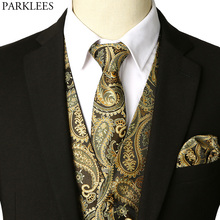 Men's Gold Waistcoat Vest Necktie Pocket Hankerchief 2018 Brand New Slim Fit Tuxedo Vest Male For Party Wedding Chaleco Hombre 2024 - купить недорого