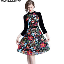 Nova alta qualidade pista de luxo preto veludo retalhos malha bordado vestido floral das mulheres do vintage vestido chique vestidos S-XXL 2024 - compre barato