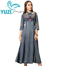 Summer Dress 2019 Yuzi.may Boho New Denim Women Dresses Stand Collar A-line Three Quarter Sleeve Elegant Vestidos A82137 Vestido 2024 - buy cheap