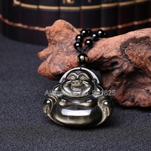 Beautiful Natural Gold Obsidian Carved Handmade Laughing Big Belly Buddha Lucky Pendant + free Beads Necklace Fine Jewelry 2024 - buy cheap