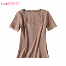 LUNDUNSHIJIA Hot Style Lace Round Collar Short Sleeve T-shirts Women 2019 Summer Short Slim Cotton Rib Female T-shirt Tops 2024 - buy cheap