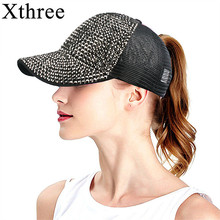 Xtrês boné de beisebol casual feminino, chapéu de malha com strass estilo rabo de cavalo, coque bagunçado para meninas 2024 - compre barato