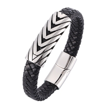 Punk Men Jewelry Black Braided Leather Bracelet Stainless Steel Magnetic Clasps Bracelets Bangles Male Wrist Band Simple PW793 2024 - buy cheap
