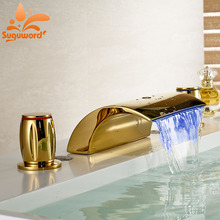 Suguword-torneira do banheiro dourada, iluminação led, efeito cascata, 3 buracos, uma misturadora de água quente e fria 2024 - compre barato
