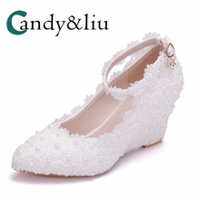 White Lace Wedding Shoes Super High Heel Wedges Appliques Pearl Beaded Women Pumps with Ankle Strap for Party Banquet Bridesmaid 2024 - buy cheap