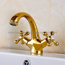 Полированный Золотой смеситель для ванной комнаты, смеситель для горячей и холодной воды, смеситель для раковины с двойной ручкой Nnf269 2024 - купить недорого