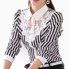 Fashion Women Blouse Long Sleeve Lace Tops Striped Turn-Down Collar Blouses Official Female Formal Shirt Spring Autumn 2024 - buy cheap