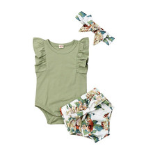 Одежда для новорожденных и маленьких девочек Летний комбинезон зеленого цвета с рюшами на рукавах и шорты с цветочным рисунком модный Детский сарафан из двух предметов на возраст от 0 до 24 месяцев 2024 - купить недорого