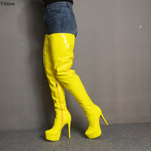 Olomm-botas con plataforma por encima de la rodilla para mujer, zapatos de tacón alto finos, sexys, de punta redonda, color amarillo, para fiesta, tallas de EE. UU. 5-15, novedad 2024 - compra barato