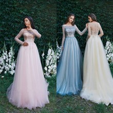 2019 Fashion Evening Dresses Long Sleeve Lace Appliques Prom Gowns Custom Made Sweep Train A Line Party Dress 2024 - buy cheap