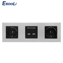 Esooli Wall Stainless Steel Panel Double Socket 16A EU Electrical Outlet Dual USB Smart Charging Port 5V 2A Output Black 2024 - compre barato