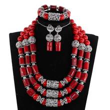 Chunky Wine Red African Coral Beads Bridal Jewelry Set Silver Indian Wedding Jewelry Set for Women Costume Jewelry Gift CNR860 2024 - buy cheap