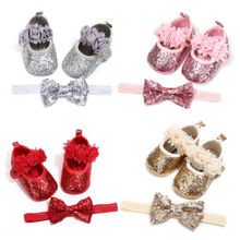 Newborn Baby Girl Sequins Glitter Crib Shoes+Hairband Soft Sole Shoes Prewalker 2024 - buy cheap