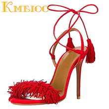 Kmeioo-Sandalias con flecos para mujer, zapatos de tacón alto con borlas, Puntera abierta, sin espalda, Stilettos, de fiesta, 2020 2024 - compra barato