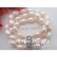 Top Quality Wholesale AA 10MM 3Rows Natural White Rice Genuine Freshwater Pearls Bracelet 8inch Silvers Clasp New Free Shipping 2024 - buy cheap
