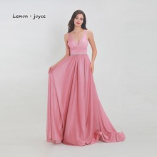 Limão joyce rosa vestidos de noite 2020 nova chegada simples decote em v sem costas a linha vestidos de baile plus size robe de soiree 2024 - compre barato