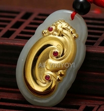 Beautiful Natural White Hetian Jade + 18K Gold Inlaid Chinese Dragon RuYi Lucky Pendant + Necklace Fine Jewelry + Certificate 2024 - buy cheap