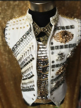 New arrival Male Luxury Rvets Rhinestone beads singer dancer costume Dj singer vest jacket 2024 - buy cheap