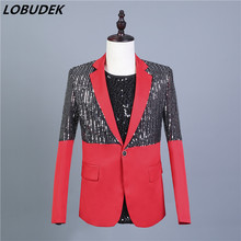 Blazer negro con lentejuelas brillantes y costuras rojas para hombre, ropa para el escenario de primavera y verano, traje informal de presentador de coro para cantante 2024 - compra barato