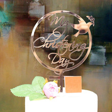 Topo acrílico para bolo my batizado, decoração para bolo de festa e batizado com formato de pássaro rosa de ouro, para casamentos 2024 - compre barato